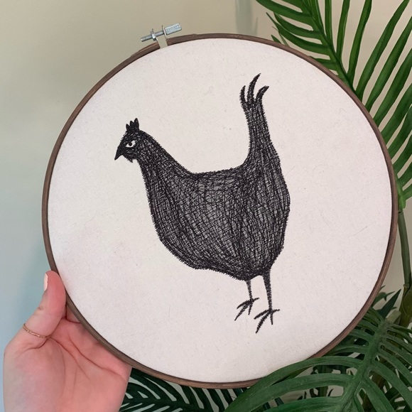 Handmade Needlepoint Felt Rooster Black & White Embroidered Hoop Art
